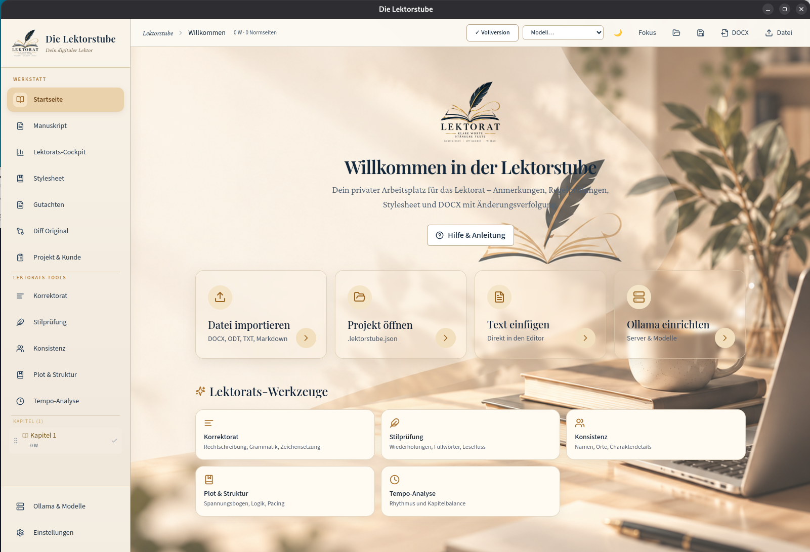 Die Lektorstube – Startseite der Desktop-App